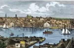Postcard depicting Baltimore's Inner Harbor in the 1870s